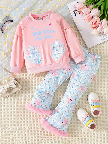 Young Girl Slogan Graphic Raglan Sleeve Sweatshirt & Bear Print Flare Leg Pants