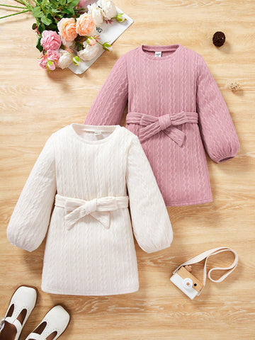 Young Girl 2pcs Solid Belted Dress