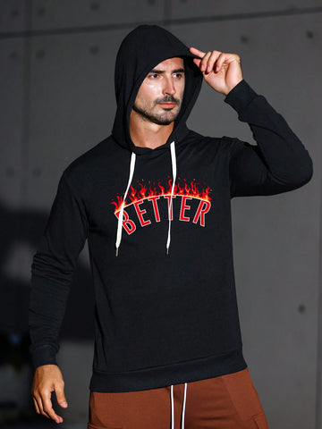 Men's Letter Printed Drawstring Hooded Sweatshirt For Sports Hoodie