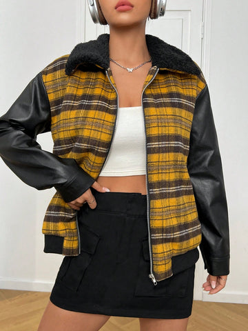 Plaid Patchwork Fabric Zipper Front Jacket With Collar