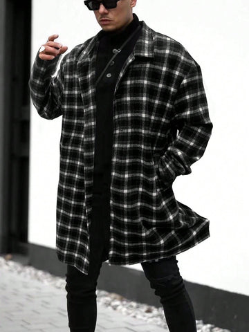 Loose Fit Men's Plaid Print Drop Shoulder Button Front Coat