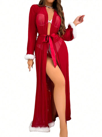 Fuzzy Trim Belted Mesh Robe