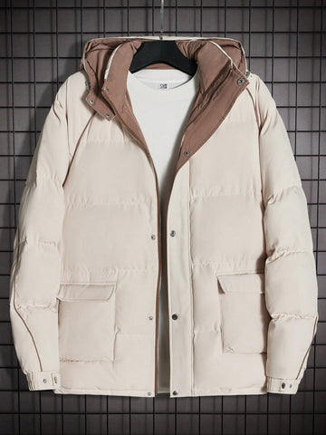 Men Flap Pocket Hooded Puffer Coat Without Tee