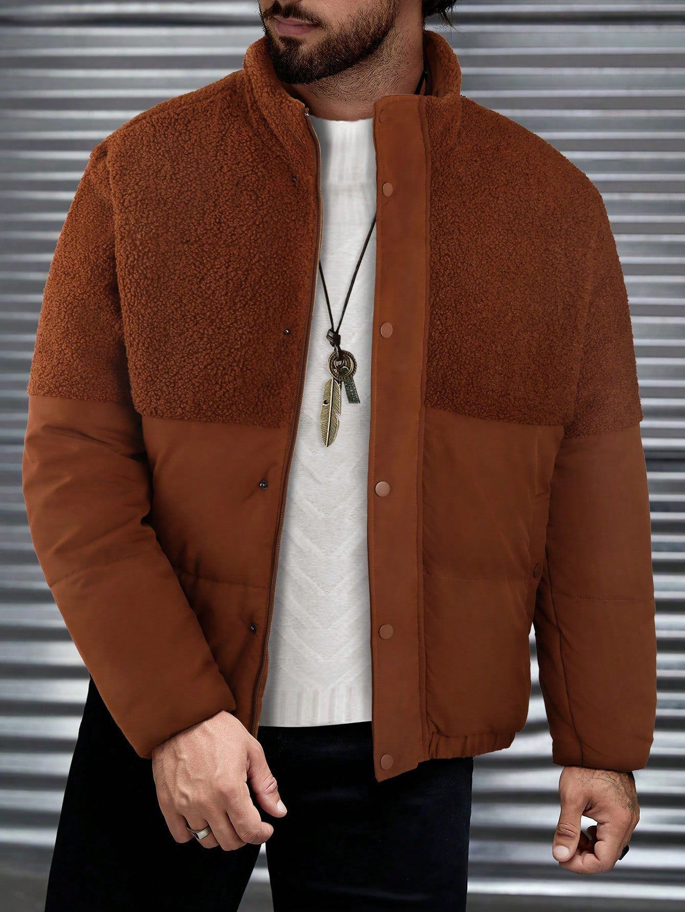 Men Contrast Teddy Snap Button Front Loose Puffer Coat