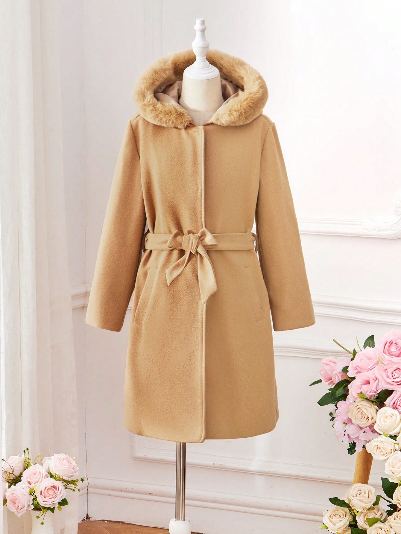 Tween Girl 1pc Fuzzy Trim Hooded Belted Overcoat