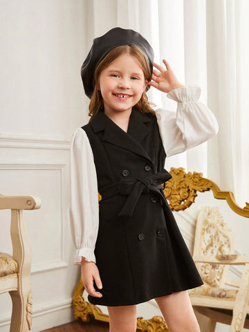 Little Girls' Elegant Knit Color Block Double-Breasted Collar Overlapping Puff Sleeve Woven Dress