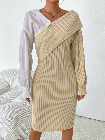 Two Tone Foldover Asymmetrical Neck Drop Shoulder Ribbed Knit Bodycon Dress