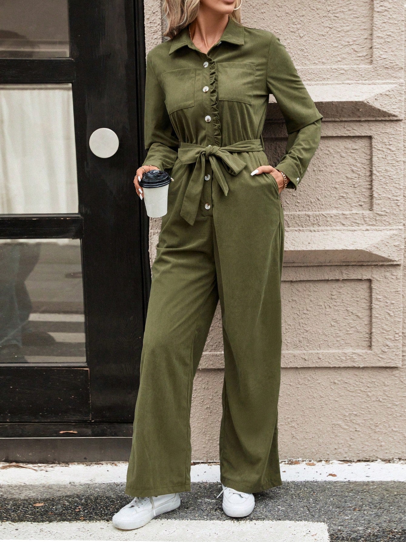 Solid Color Shirt Jumpsuit With Belt For Women