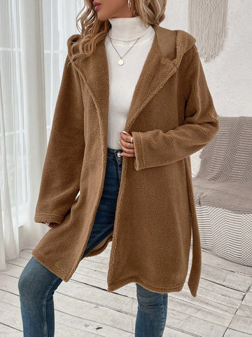 Solid Hooded Belted Teddy Coat