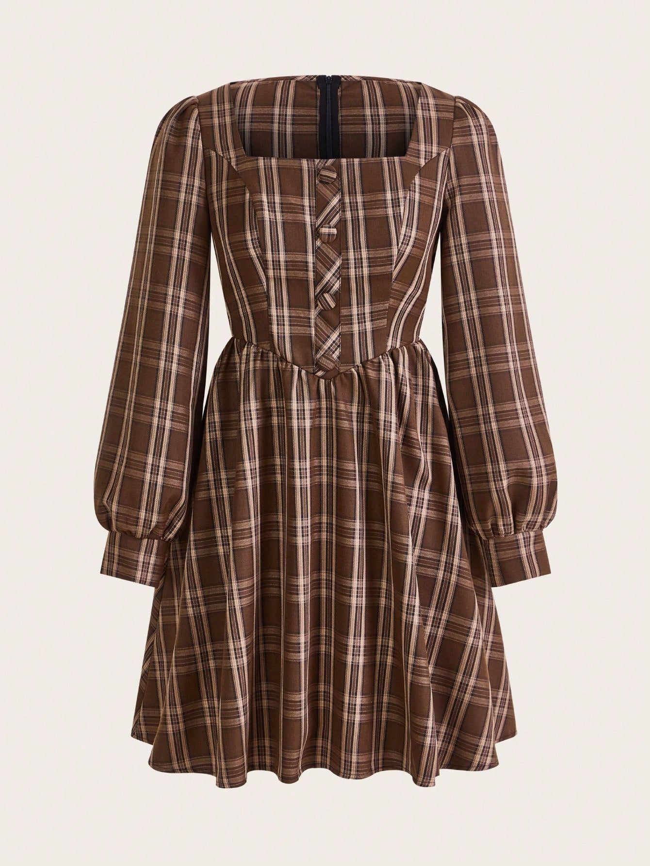 Plaid Print Square Neck Lantern Sleeve Dress