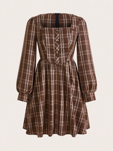 Plaid Print Square Neck Lantern Sleeve Dress