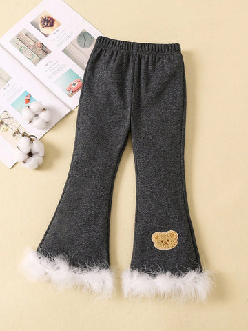 Young Girl Bear Patched Fuzzy Hem Flare Leg Pants