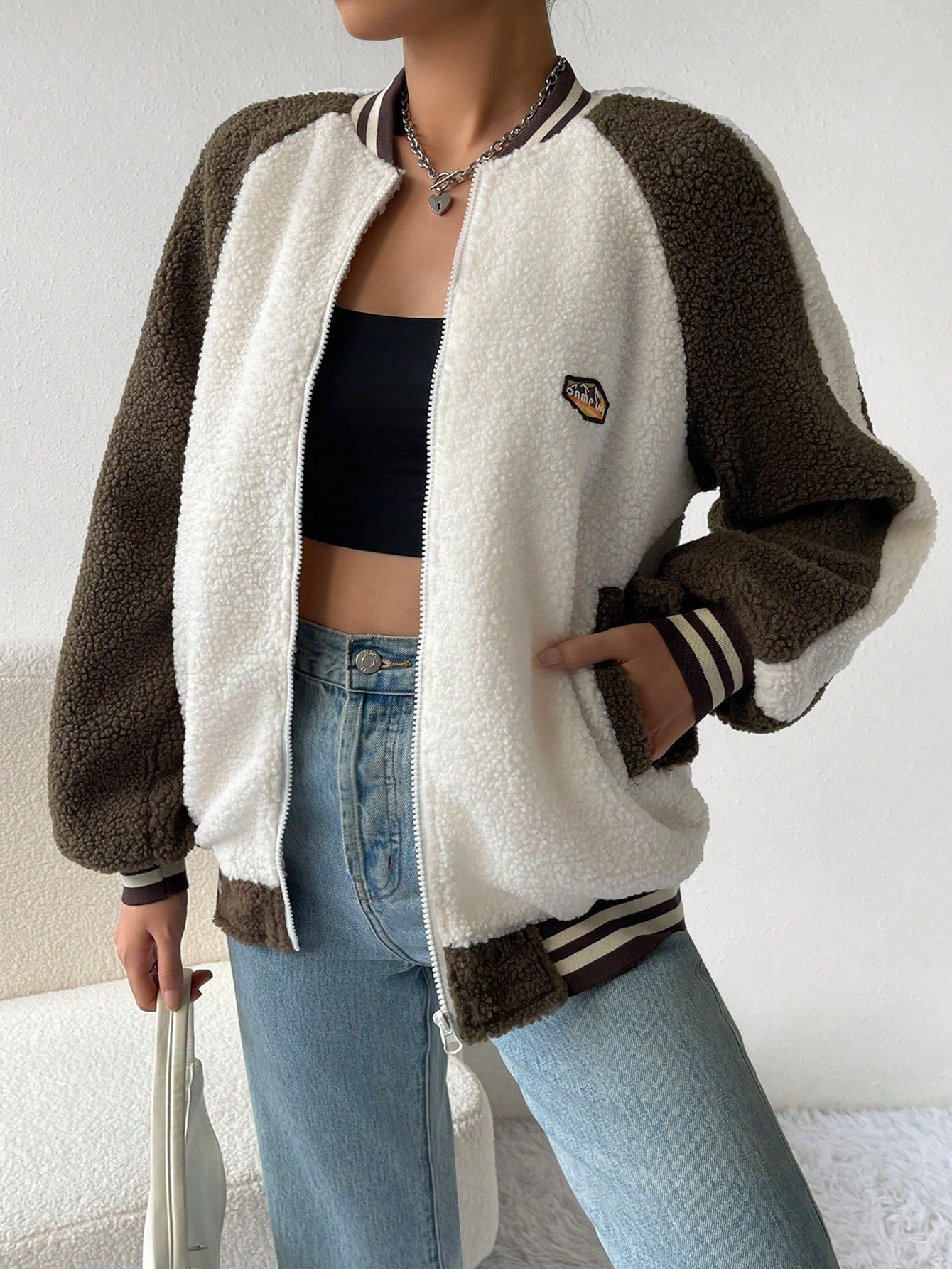 Letter Patched Striped Trim Raglan Sleeve Teddy Bomber Jacket