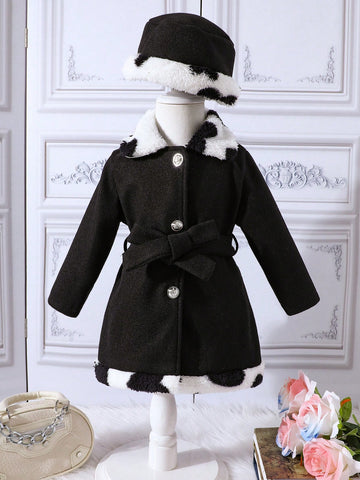 Baby Girls' Warm Fleece Coat With Heart Print, Turn-down Collar, Tie Belt And Hat