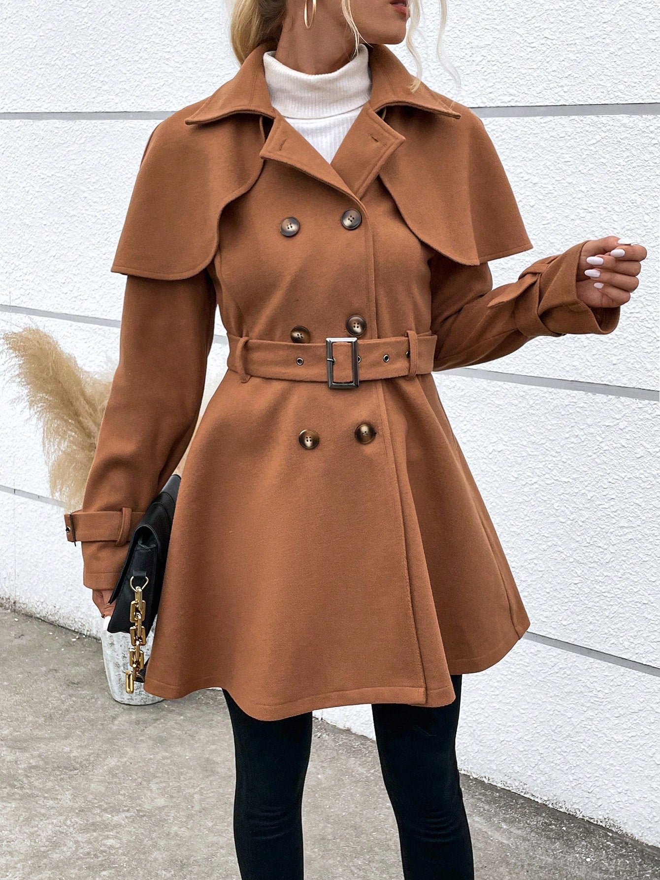 Double Breasted Overlay Buckle Belted Overcoat