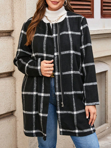 Plus Plaid Print Zip Up Coat