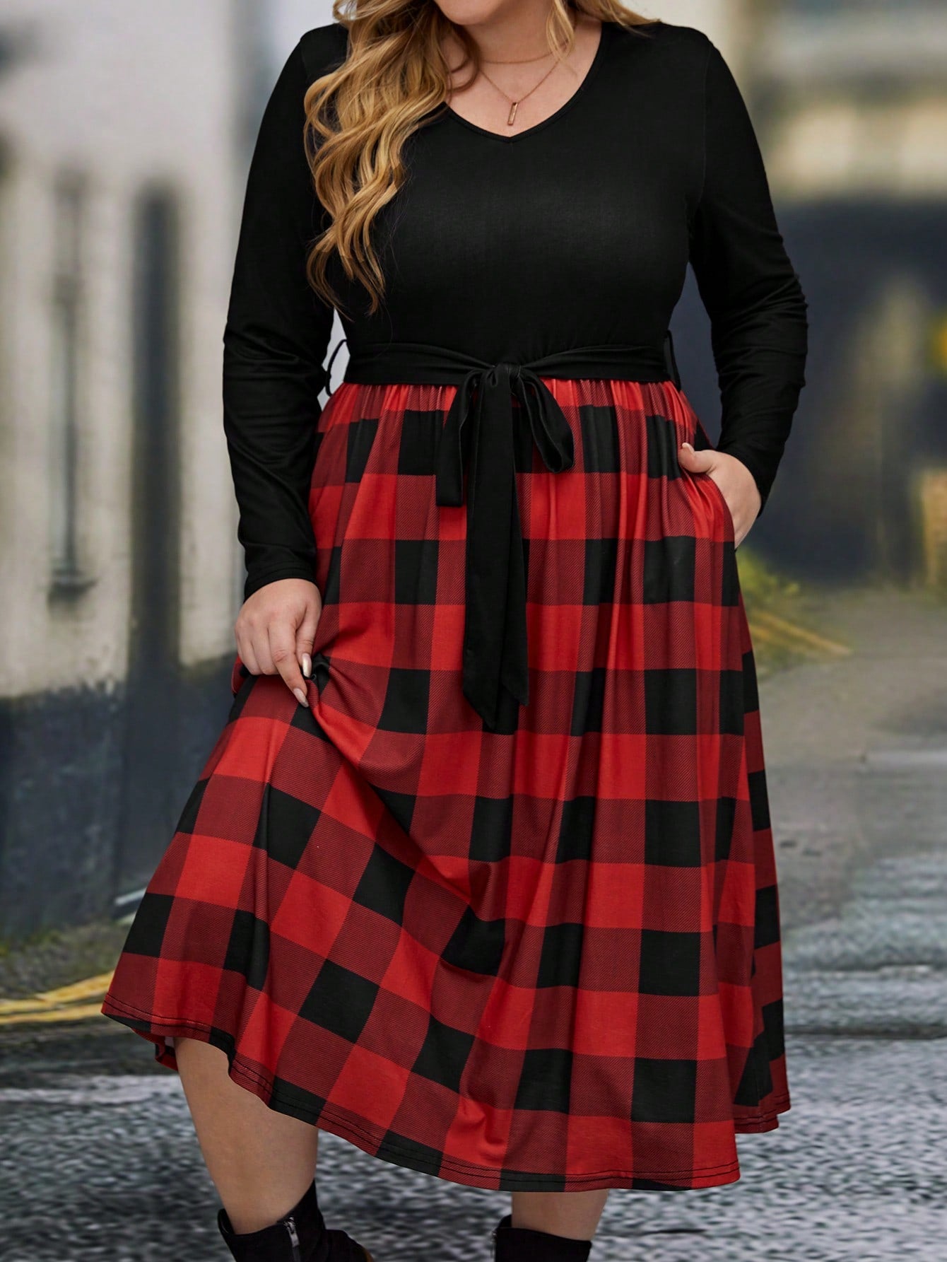 Plus Buffalo Plaid Print Belted Dress