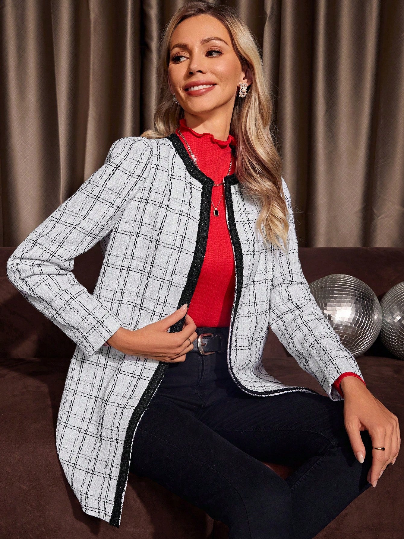 Plaid Contrast Trim Open Front Tweed Overcoat