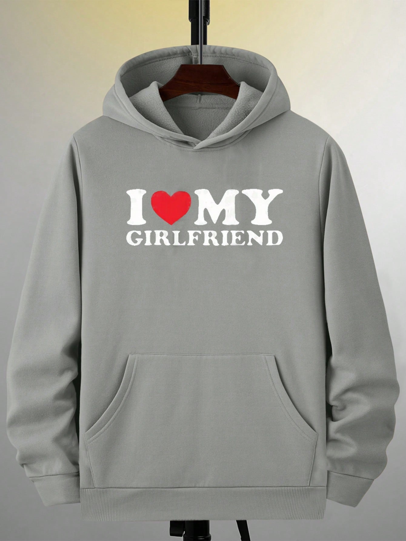 Men Heart & Slogan Graphic Kangaroo Pocket Thermal Hoodie I Love My Girlfriend