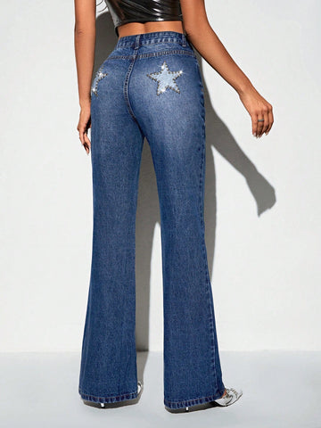 Beaded Star Pattern Flare Leg Jeans