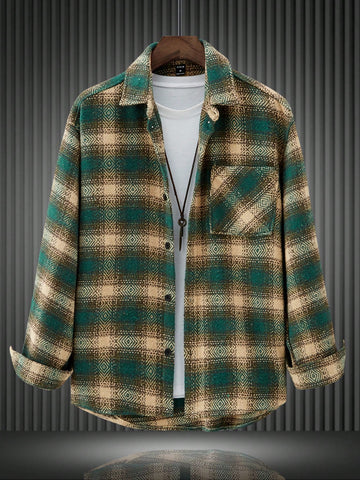 Loose Fit Men's Plaid Print Overcoat With Pocket Details