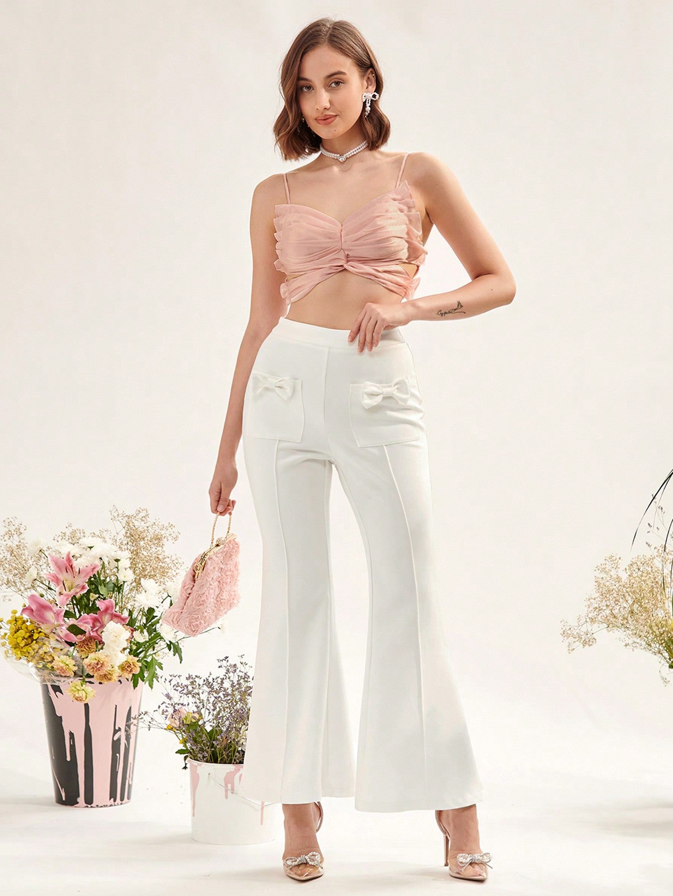 Solid Bow Decor Flare Leg Pants