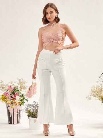 Solid Bow Decor Flare Leg Pants