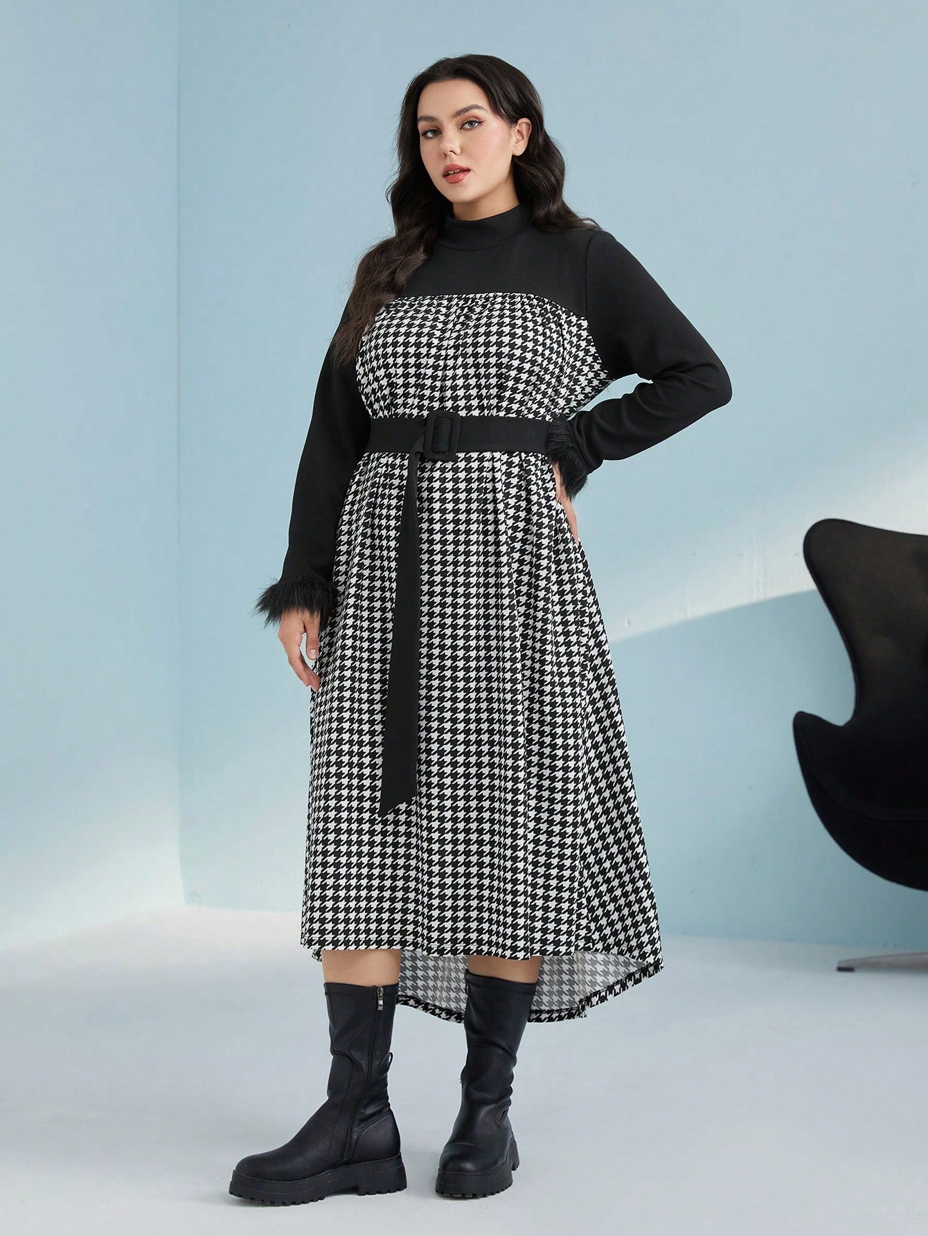 Plus Houndstooth Print Fuzzy Cuff Belted Dress