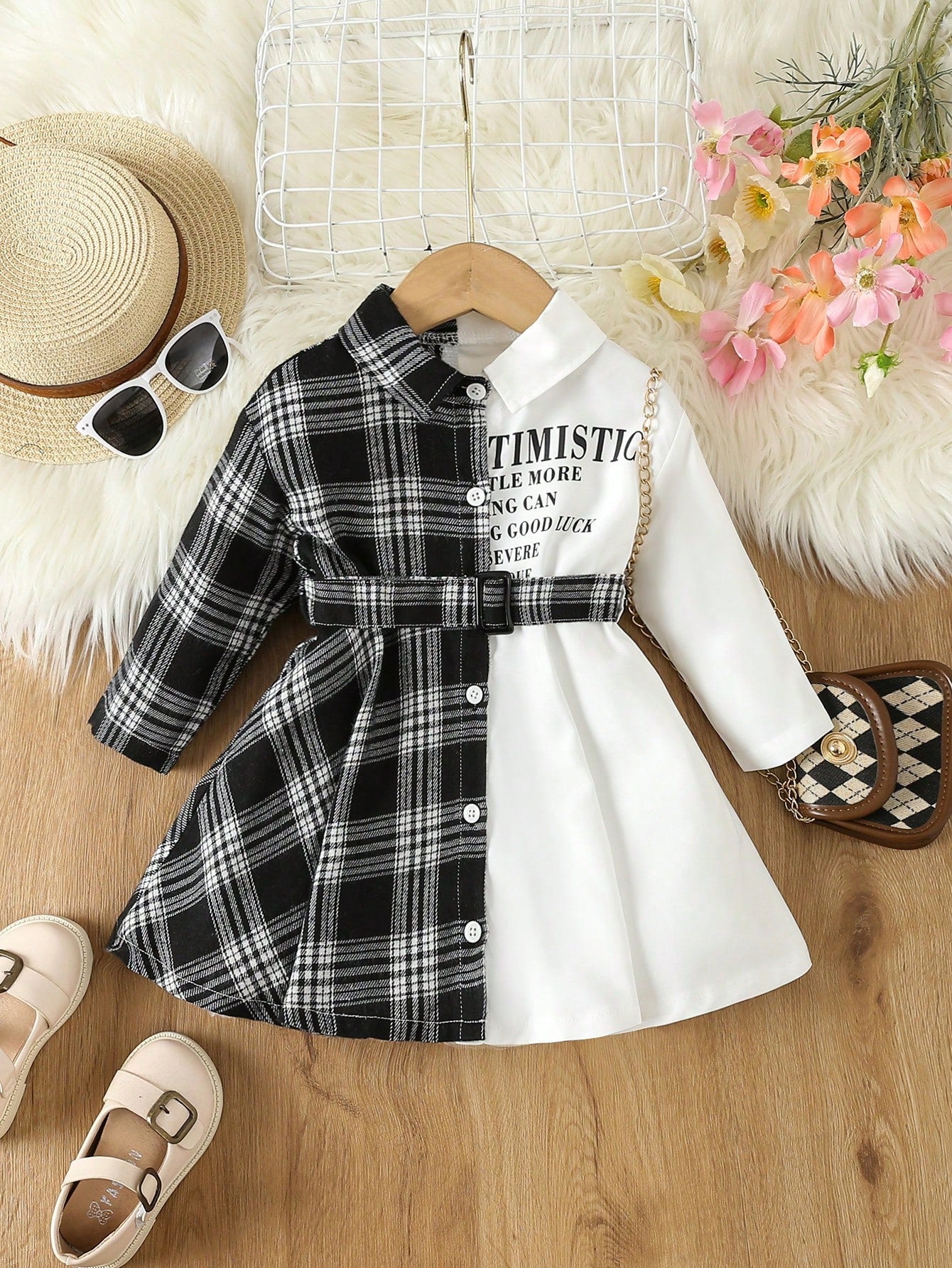 Baby Girl Plaid & Slogan Graphic Two Tone Belted Shirt Dress