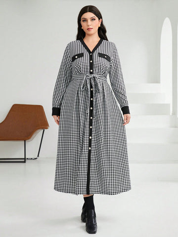 Plus Size Houndstooth Color Block Button Front Dress With Rolled Edges