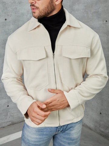 Men Flap Pocket Zip Up Overcoat