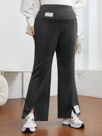 Plus Letter Patched Detail Split Hem Flare Leg Pants