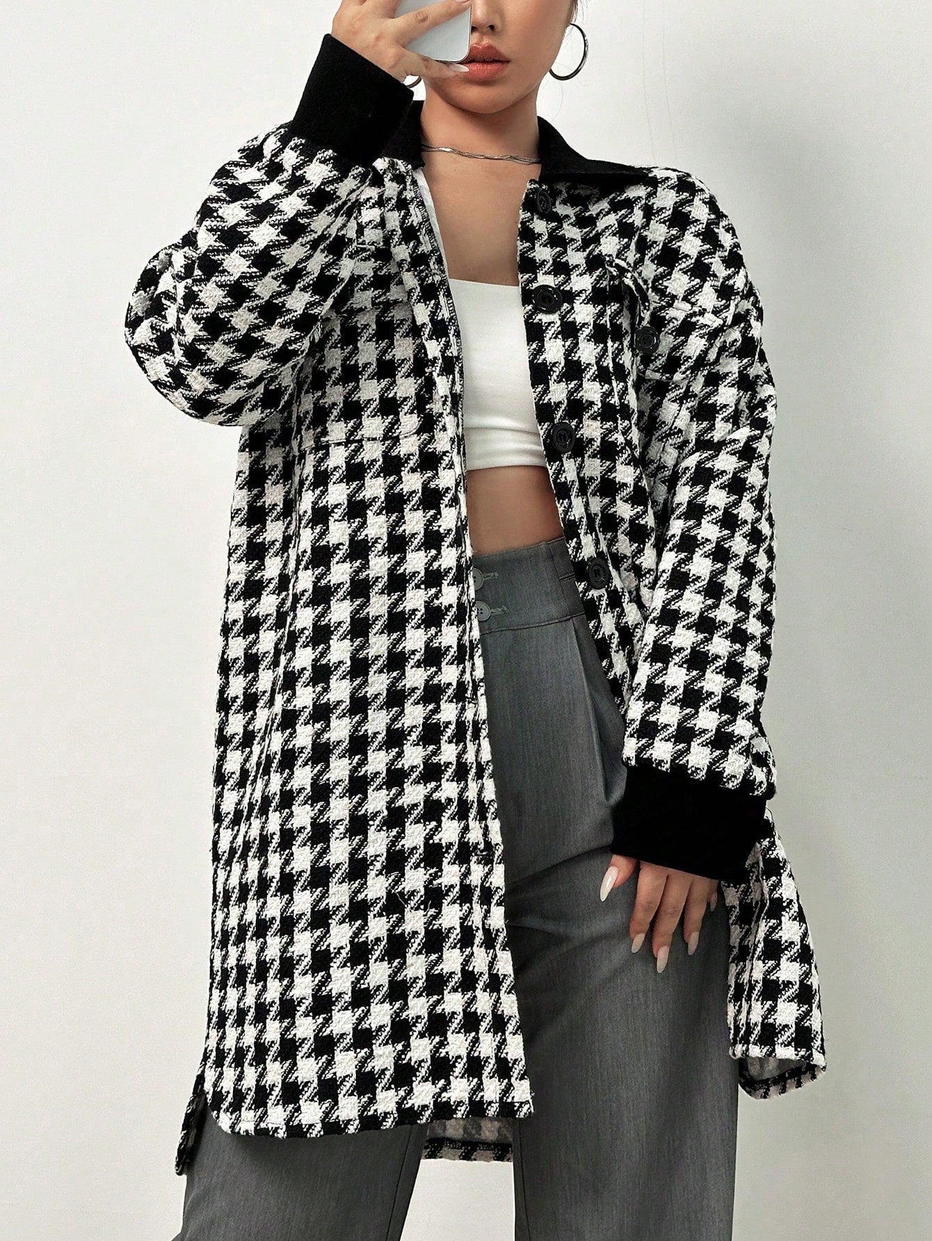 Houndstooth Print Drop Shoulder Tweed Overcoat