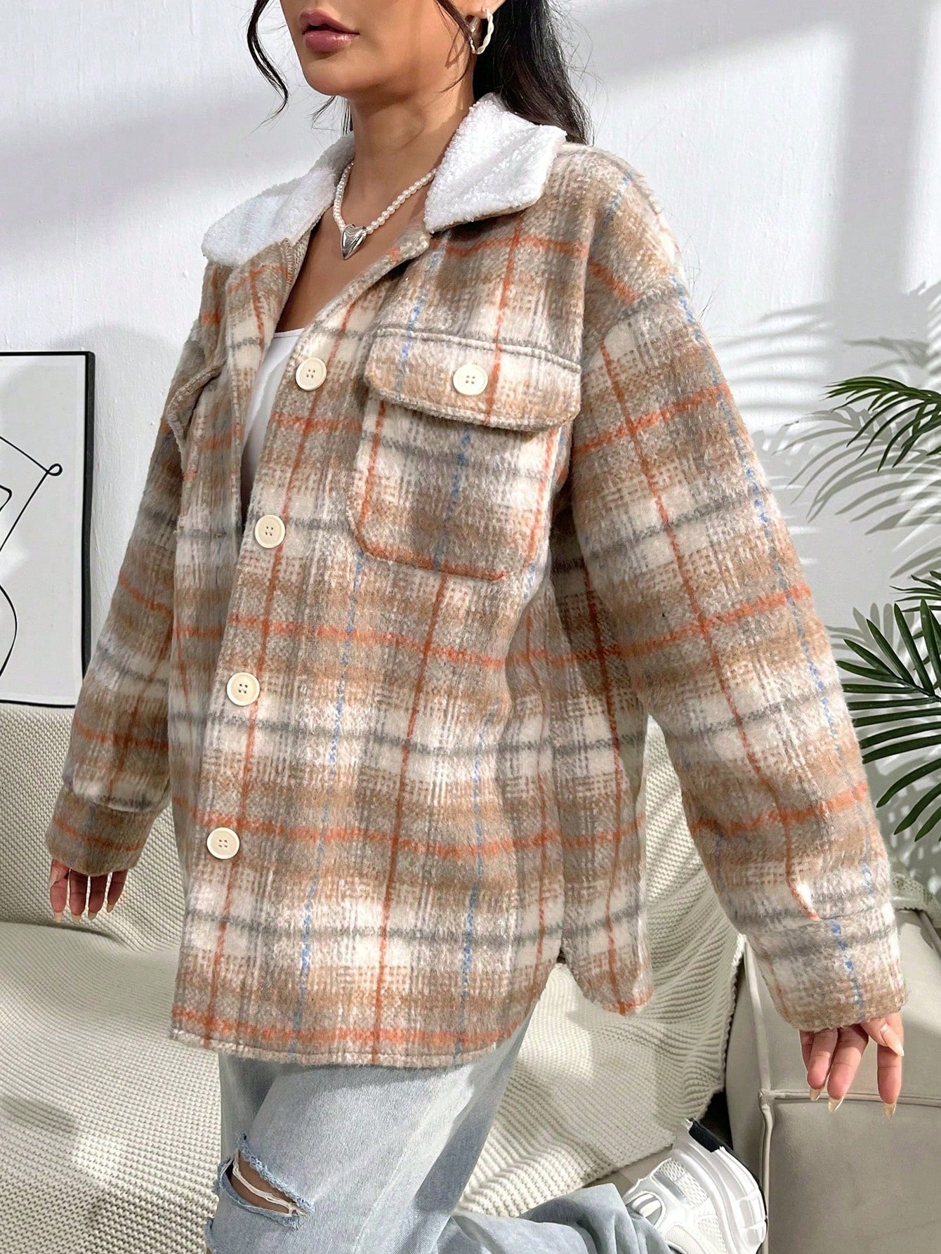 Plaid Print Drop Shoulder Flap Pocket Overcoat