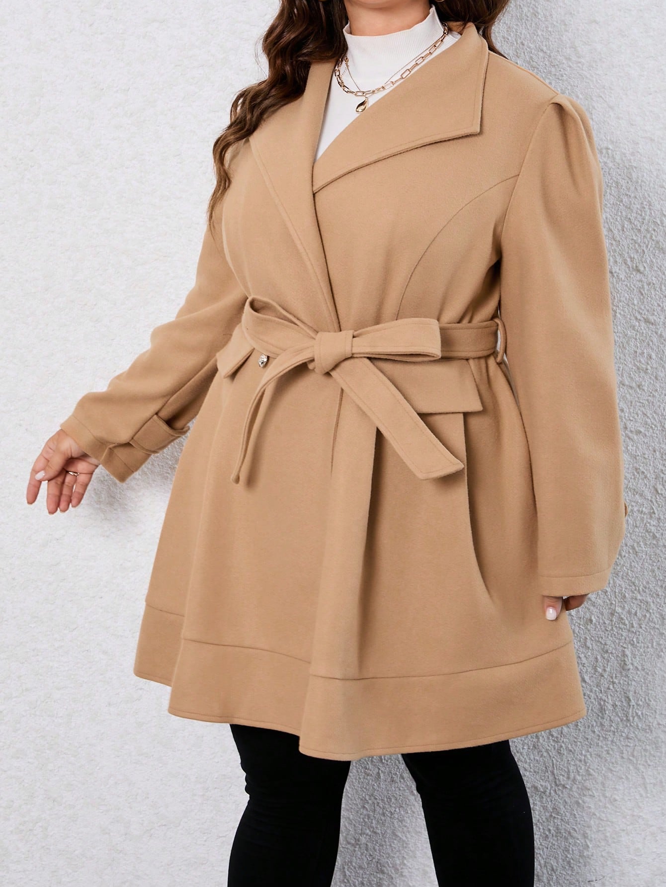 Plus Solid Double Button Belted Overcoat