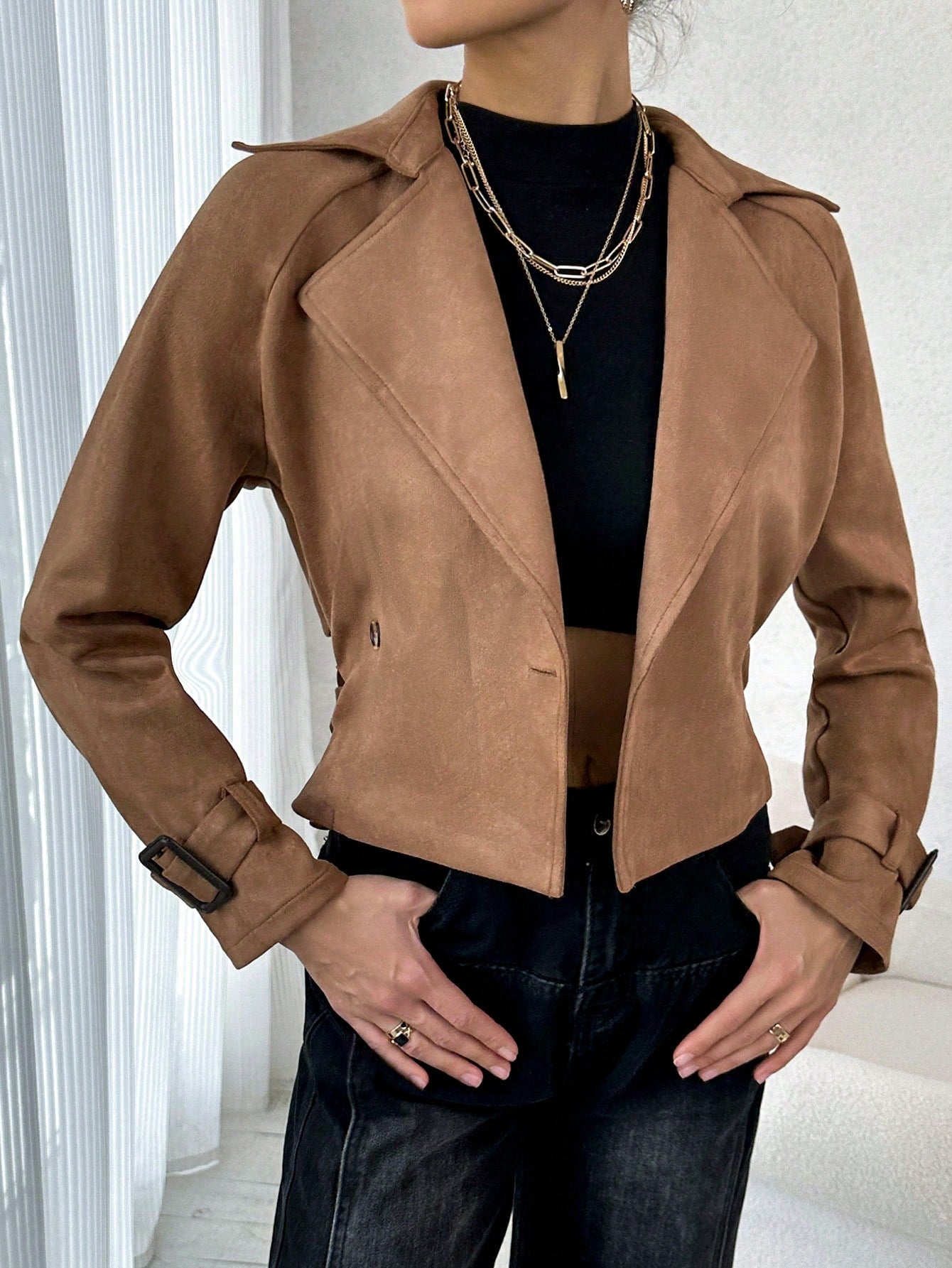 Lapel Neck Buckle Cuff Raglan Sleeve Jacket