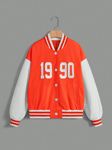 Letter Graphic Striped Trim Drop Shoulder Varsity Jacket