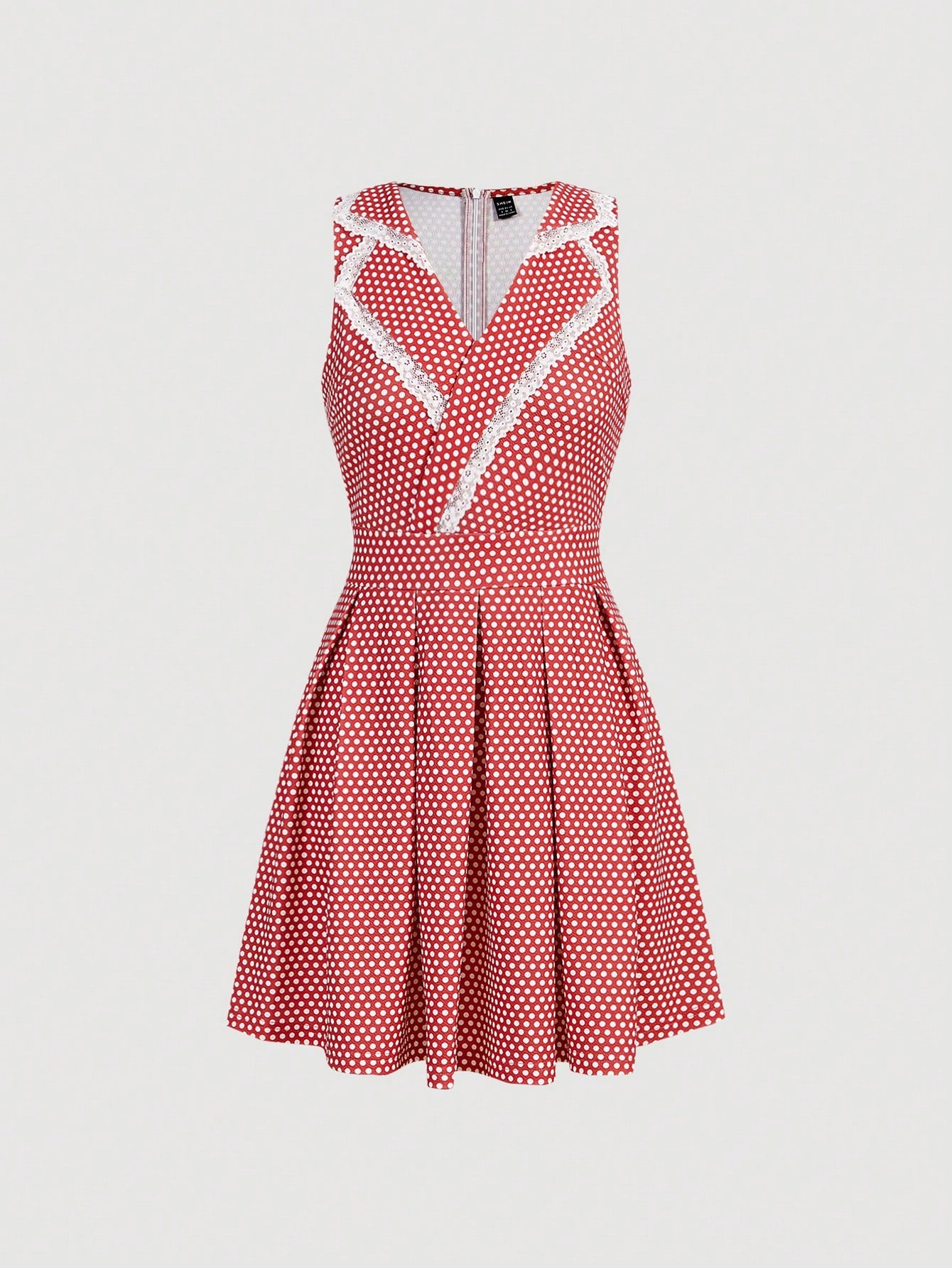 Polka Dot Print Lace Trim Fold Pleated Dress