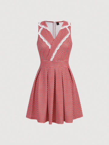 Polka Dot Print Lace Trim Fold Pleated Dress