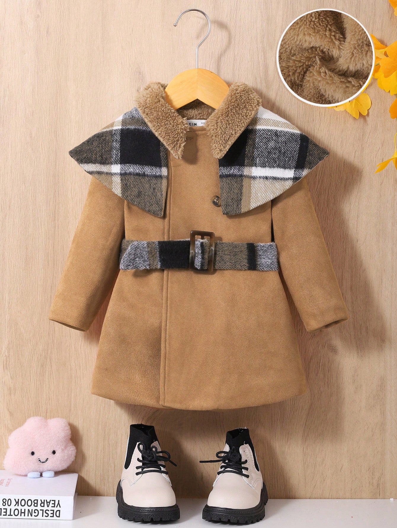 Baby Girl Plaid Print Borg Collar Belted Coat