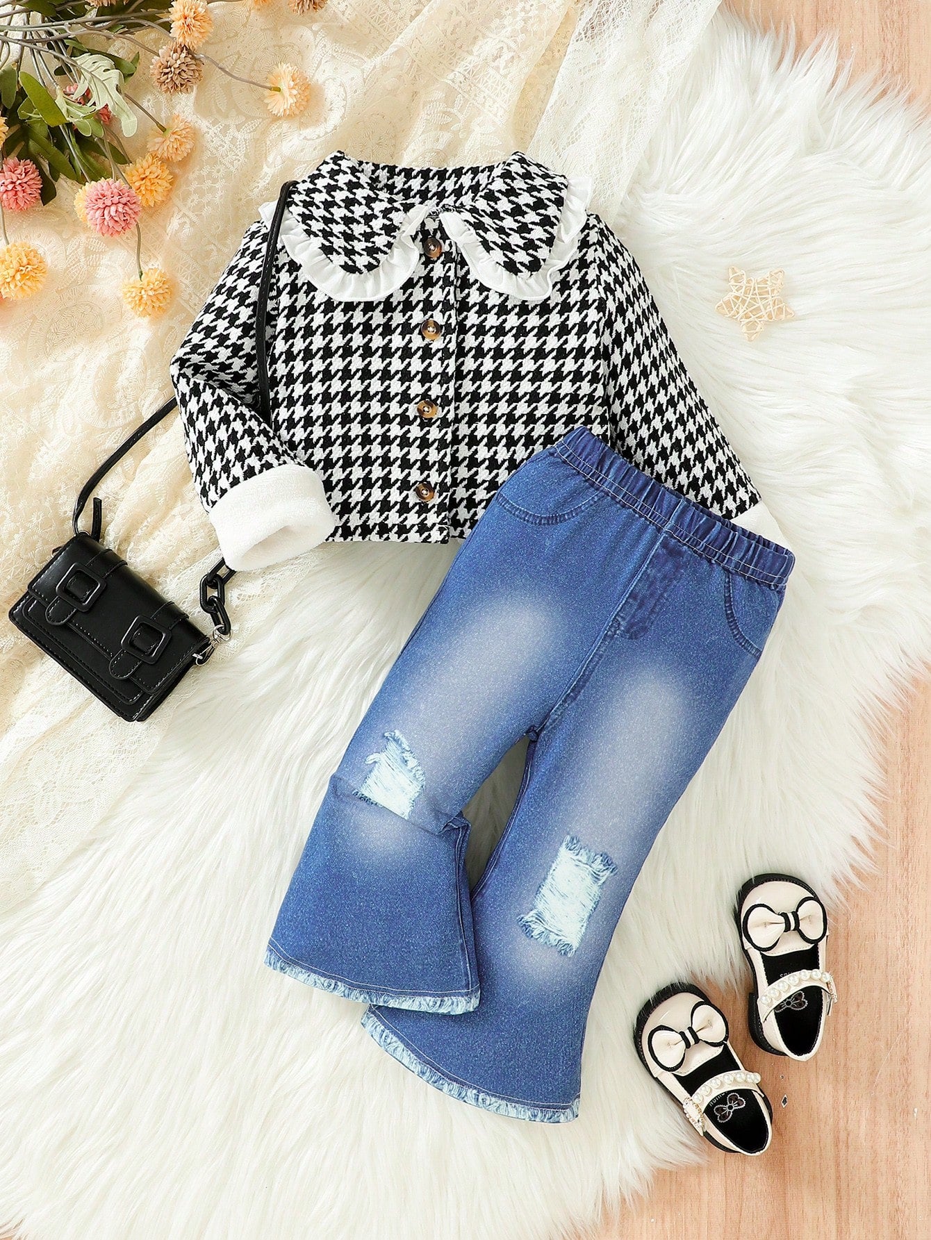 Baby Girl Houndstooth Print Peter Pan Collar Jacket & Flare Leg Pants