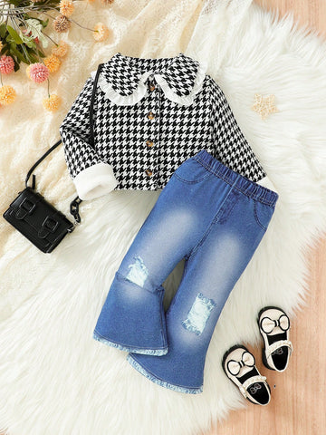 Baby Girl Houndstooth Print Peter Pan Collar Jacket & Flare Leg Pants