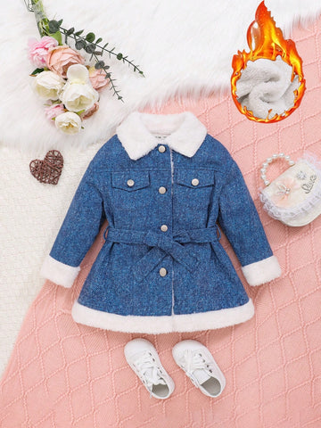 Baby Girl Casual Mid-Length Fleece Jacket With Turn-Down Collar And Waist Belt