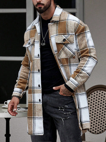 Men 1pc Plaid Print Flap Pocket Overcoat