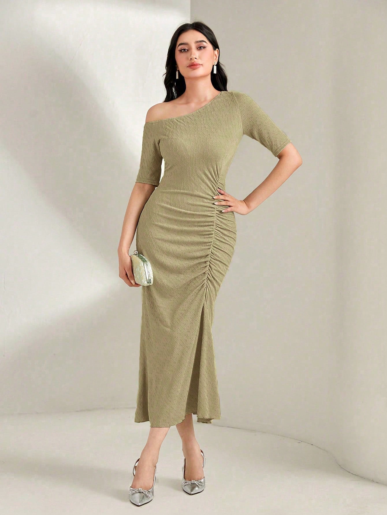 Asymmetrical Neck Ruched Dress