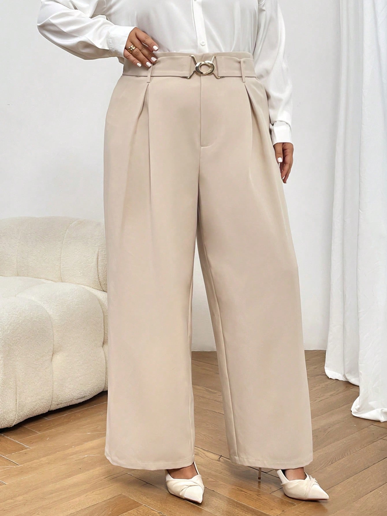 Plus High Waist Plicated Detail Wide Leg Pants