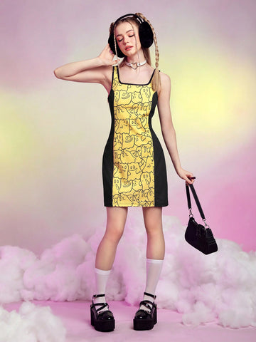 Cartoon Graphic Colorblock Contrast Binding Tank Dress