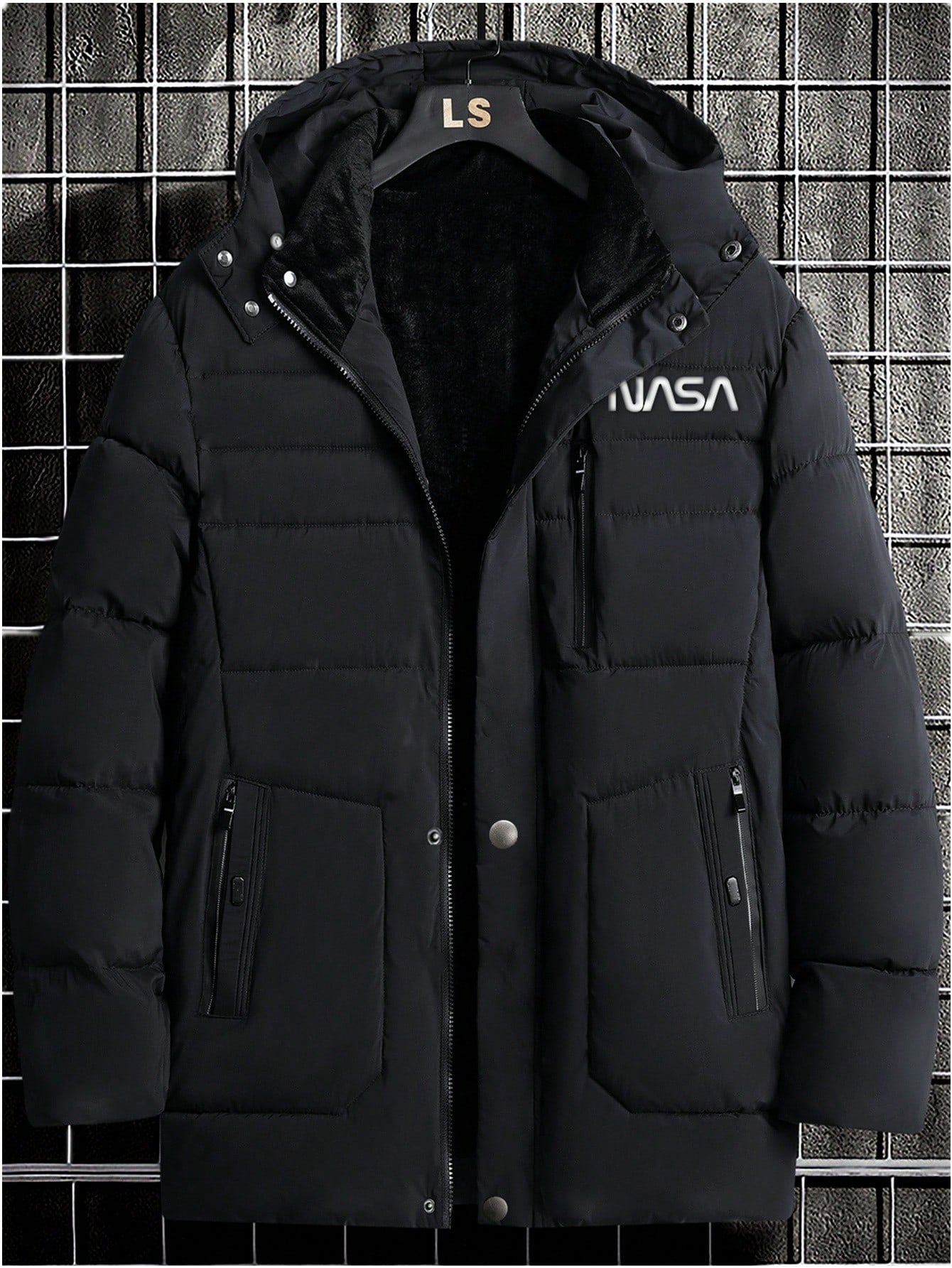 Men Letter Graphic Zip Up Hooded Puffer Coat