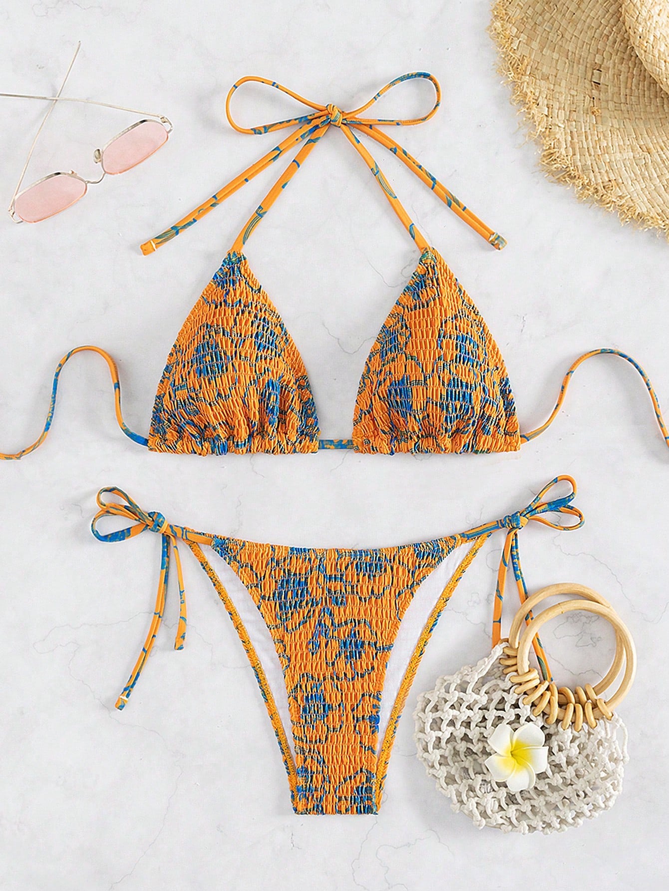 Triangular Cup Knotted Side Smocked Bikini Set