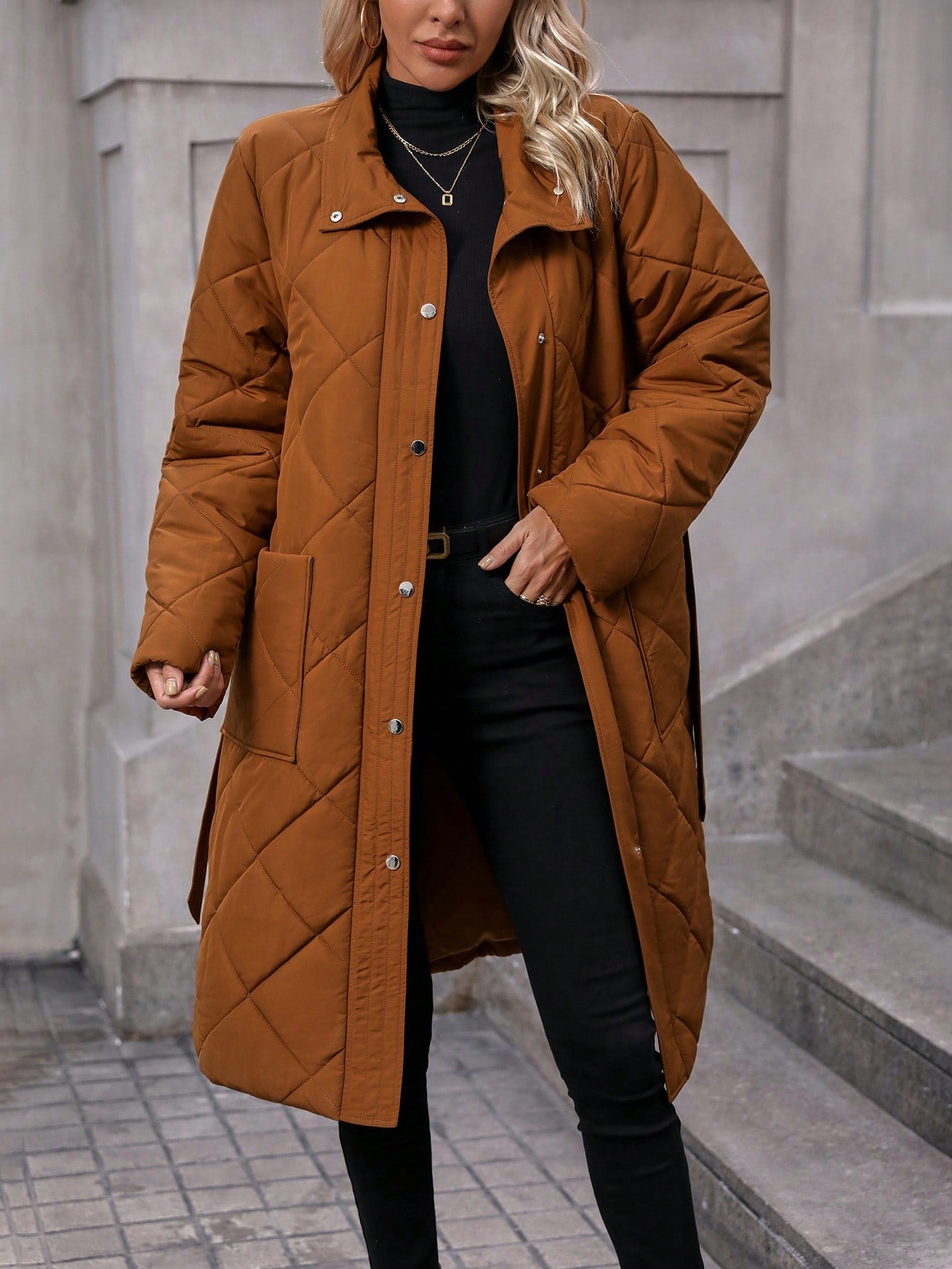 Dual Pocket Belted Quilted Coat